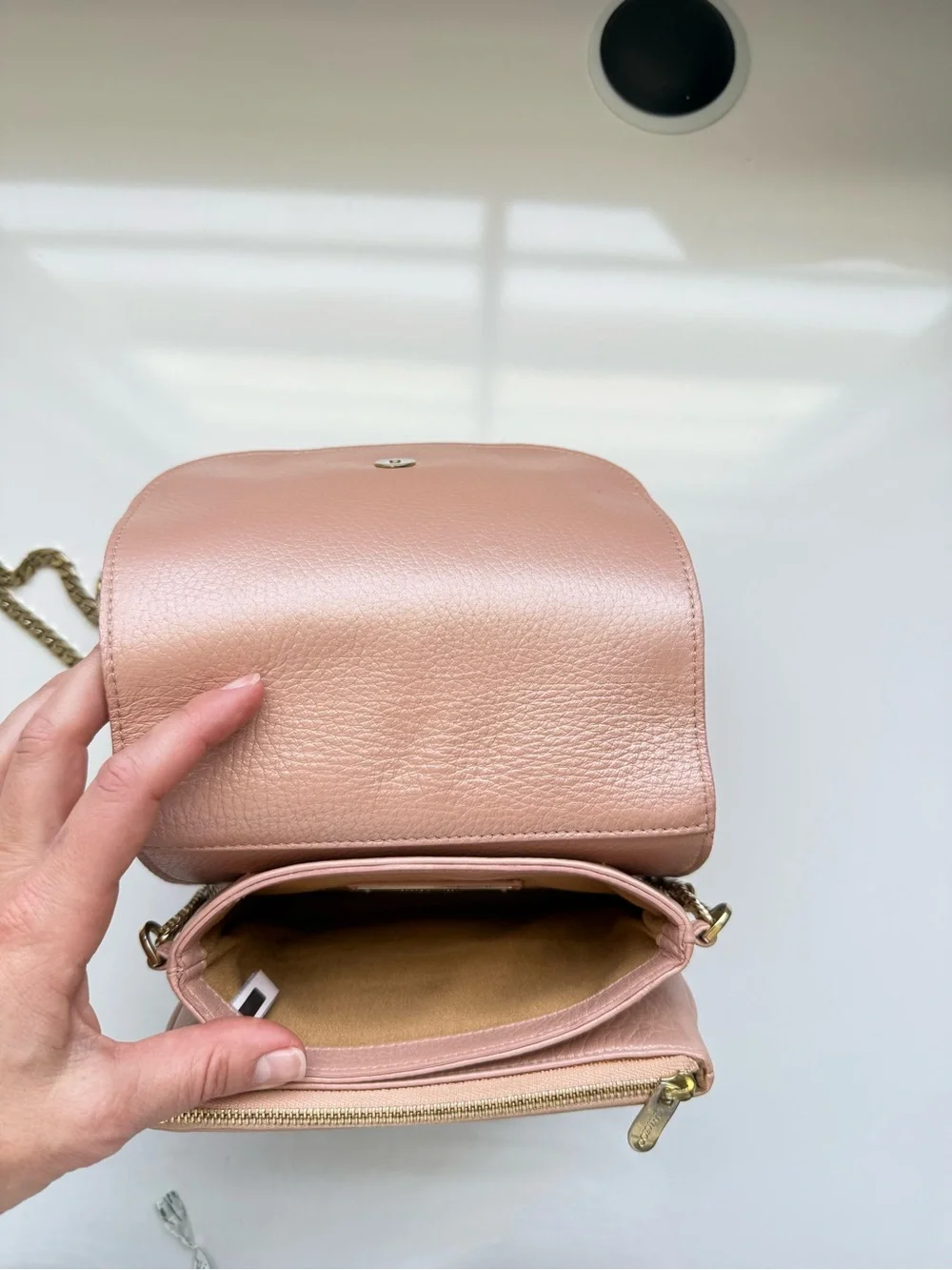 Jimmy Choo Pink Pebbled Leather Crossbody with Gold Chain
